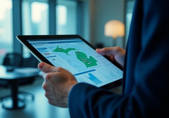 Logistics specialist viewing commercial transportation management dashboard on a tablet