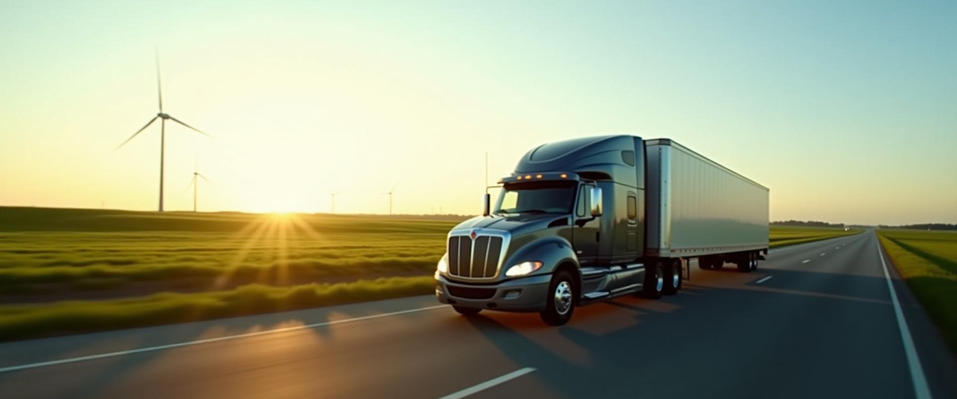 Modern fuel-efficient truck driving through a green Michigan landscape with wind turbines