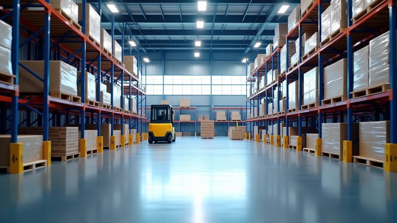 Organized RTF Logistics warehouse interior with pallets and forklifts